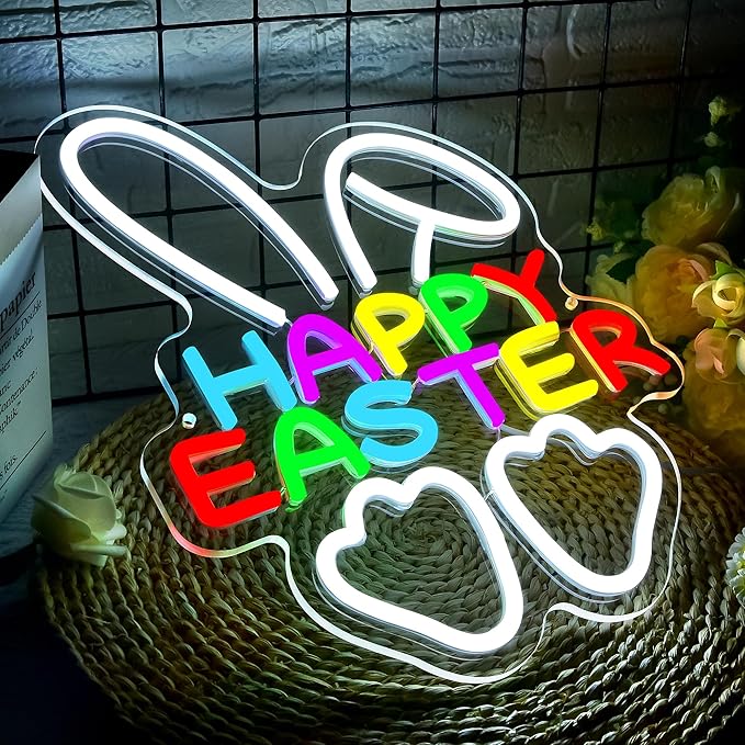 Happy Easter Neon Sign for Wall Decor Easter Bunny Neon Light for Man Cave Kids Bedroom Rabbit LED Light for Birthday Spring Festival Decoration for Nursery Girls Bedroom Size13.8 * 11.2 Inch(P038)