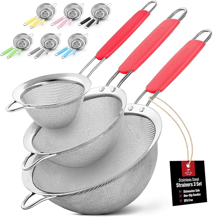 Zulay Kitchen Premium Stainless Steel Fine Mesh Strainer Set - Strainers For Kitchen (Set of 3) With Non-Slip Handles - Includes A Small, Medium & Large Fine Mesh Sieve Set - Durable Metal Strainer