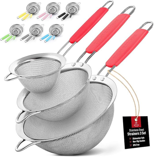 Zulay Kitchen Premium Stainless Steel Fine Mesh Strainer Set - Strainers For Kitchen (Set of 3) With Non-Slip Handles - Includes A Small, Medium & Large Fine Mesh Sieve Set - Durable Metal Strainer