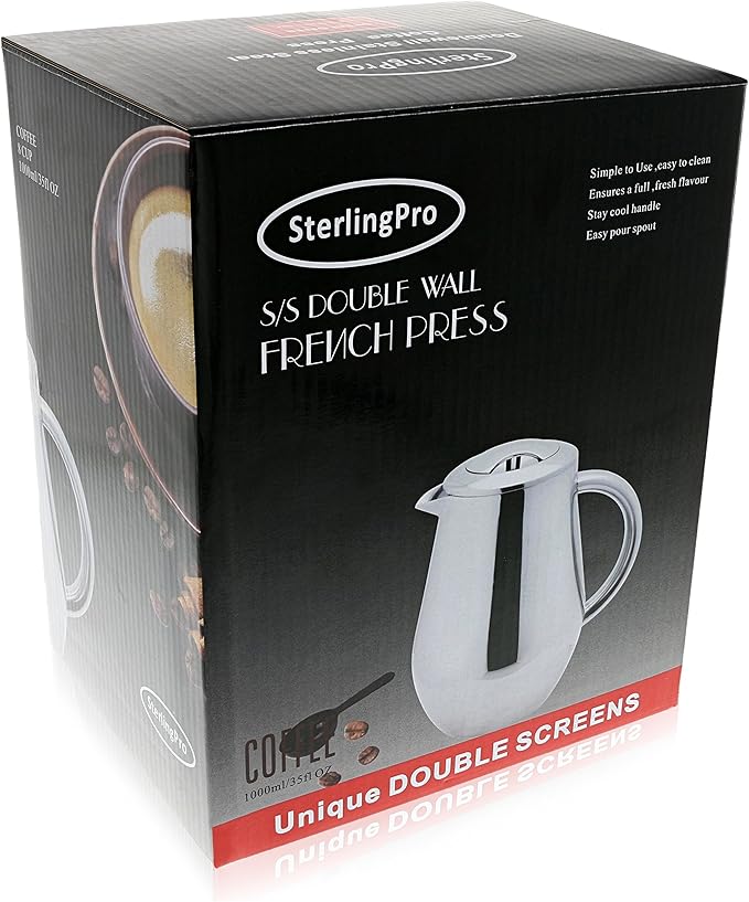 Stainless Steel French Press Coffee Maker Large 1 L (34 oz) with 2 Extra Filters Silver – Double Walled Insulated Coffee Press Keeps Drinks Hot, Easy to Use, Stylish Design for Rich Flavor