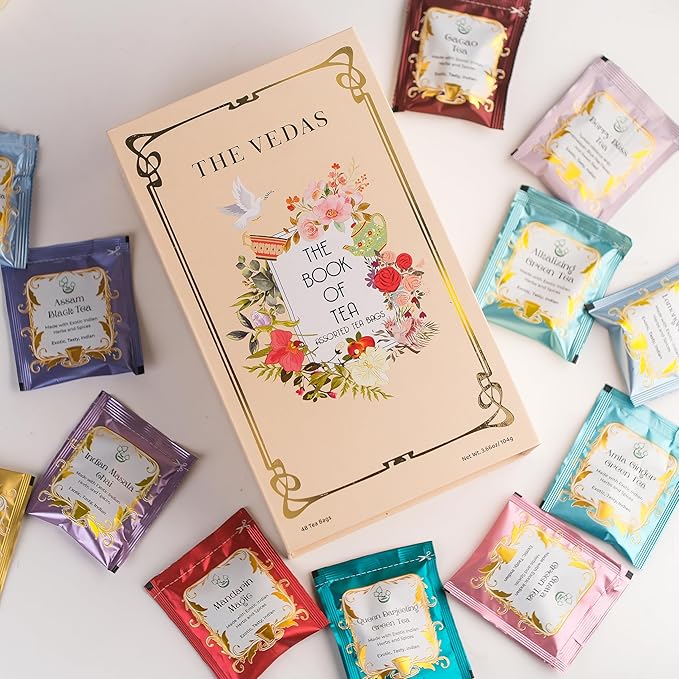 The Vedas Book Of Tea Gift Set | Assorted Tea Bags Gift Box | Christmas Gift | 12 Exotic Herbal Tea Blends In Handcrafted Cotton Bags | Net 48 bags | Gift for mom