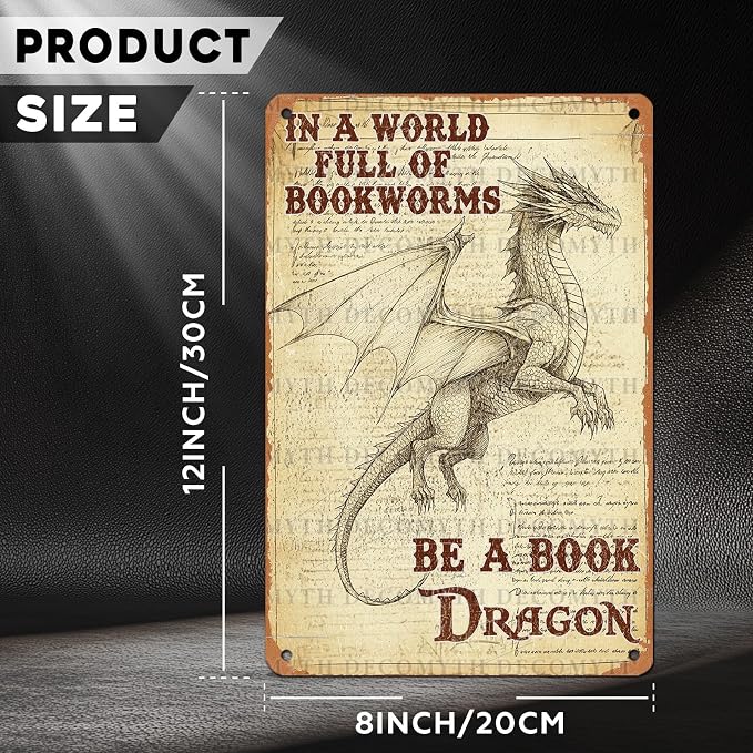 Retro Dragon Tin Sign In a World Full of Bookworms be a Book Dragon Vintage Metal Poster Funny Bath Wall Art Toilet Man Cave Bar Cafe Indoor Room Garage 12 * 8inch - Image 4