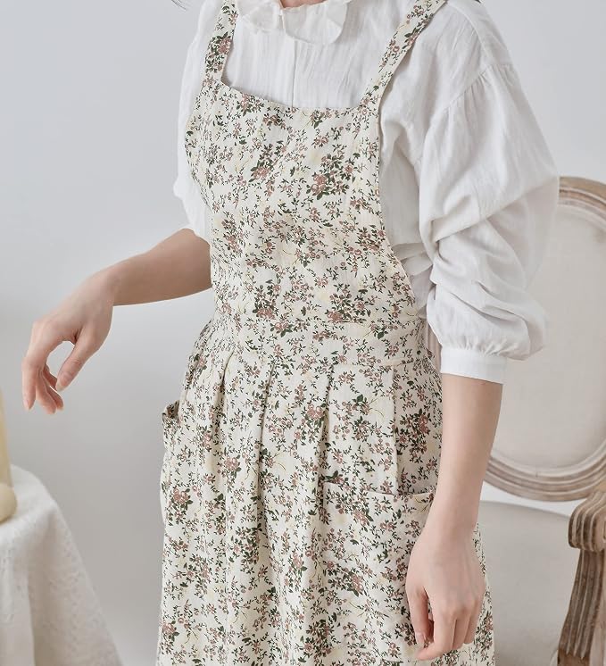 Japanese Cotton Linen Cross Back Apron with Pockets,Fashion Pinafore Dress for Gardening Painting Cleaning Cooking - Image 3