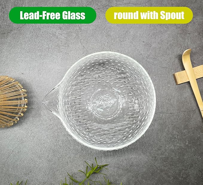 Matcha Bowl with Spout, Japanese Style Chawan, Matcha Mixing Bowl, Lead-Free Glass Tea Bowl with Pour Spout 15 Oz, Matcha Ceremony Accessories
