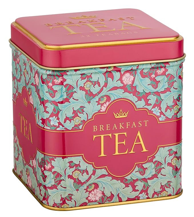 New English Teas Victorian Garden Tea Tin with 32 English Breakfast Teabags – Tapestry Inspired Tin with Decorative Pink Florals