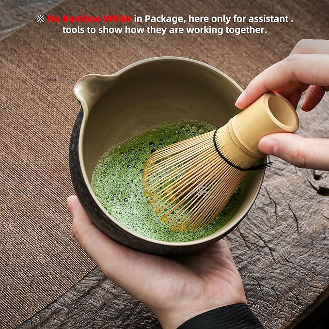 TEANAGOO Matcha Bowl with Spout, 2-Pcs Ceramic Matcha Bowl and whisk Holder (chawan), 18 02/510ML Black Bowl with Stand, Traditional Ceremonial Accessories, Gift Set for Friend, Matcha Set