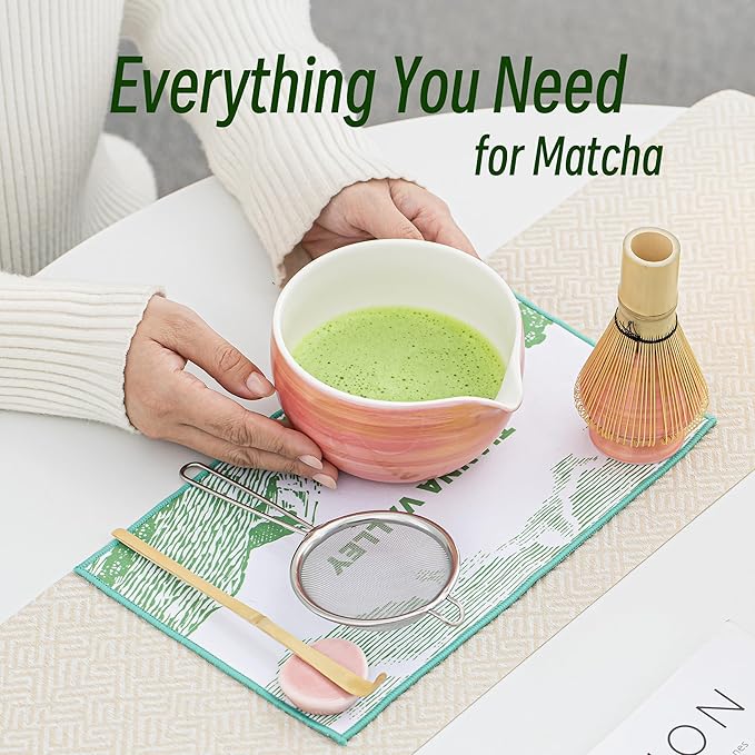 Matcha Whisk Set,7 Pcs Matcha Set Pink,Matcha Kit for Ceremony,480 Ml Ceramic Bowl(chawan) with Spout,Bamboo Whisk(100-prong) and Holder,Tradition Tea Set,Gift for Matcha Lovers