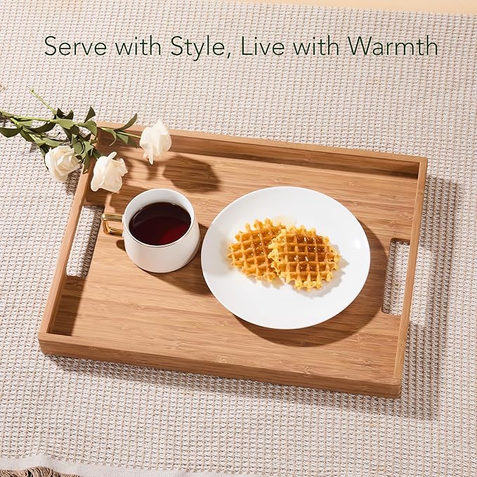 DETOR Serving Tray 17" x 13", Innovative Anti-Slip Coating, Light Walnut Bamboo Finish, Solid Bamboo Board, Decorative & Ottoman Tray for Food, Drinks, and Home Décor