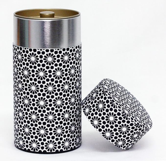 Washi Paper Tea Tin Canister: Long 7oz (200g) Black & White Sunflowers (#67), Japan