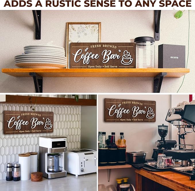 Woodamore Coffee Bar Signs for Wall Decor - Vintage Coffee Accessories for Cafe Station Signs Decorations, Small Farmhouse Cafe Sign for Home Decor Kitchen, Countertop