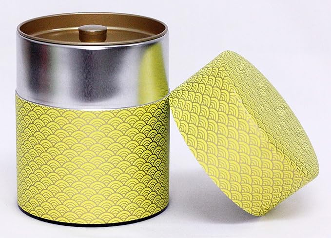 Washi Paper Tea Tin Canister: Wide 7oz (200g) Bright yellow waves with gold outlines (#87), Japan