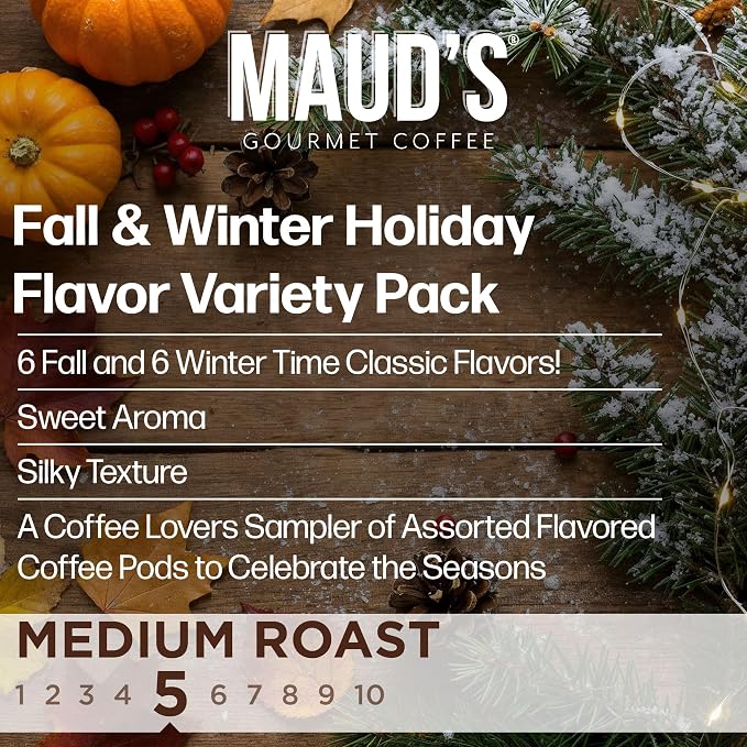Maud’s Holiday & Fall Flavored Coffee Pods Variety Pack Bundle, 48ct, 11 Assorted Seasonal Flavors, Medium Roast Coffee in Single Serve Pods 100% Arabica Coffee, Compatible with Keurig K Cups Maker - Image 5