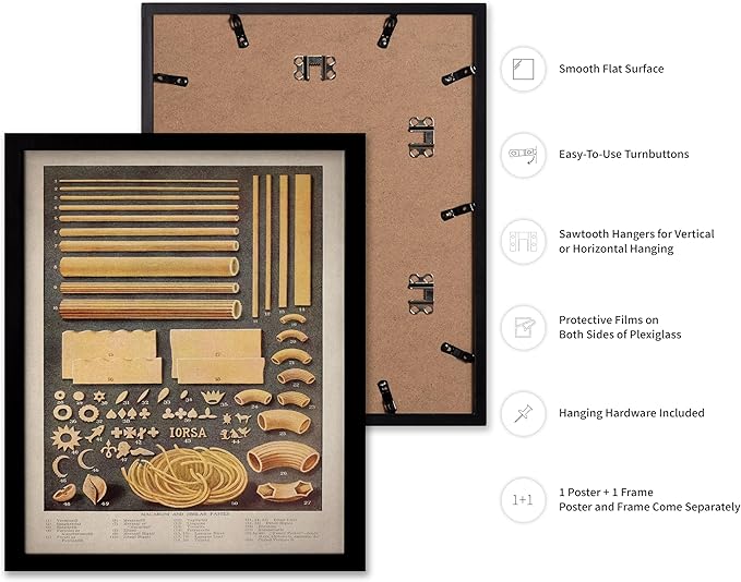 Poster Master Vintage Food & Drink Poster - Retro Pasta Print - Varieties of Pasta Art - Gift for Him, Her, Chef, Cook - Great Decor for Restaurant, Kitchen, Dining Room, 16x20 Black Framed