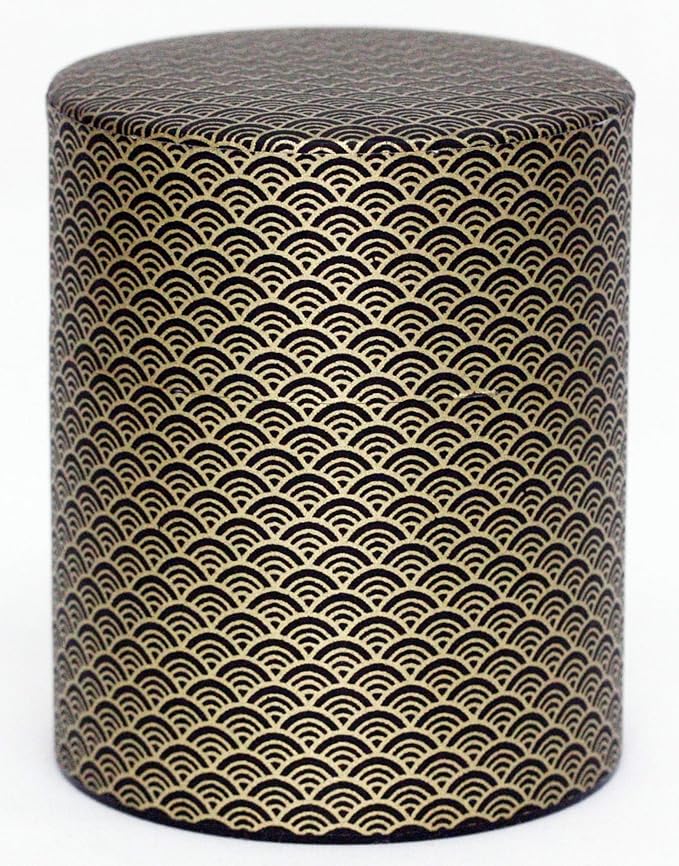 Washi Paper Tea Tin Canister: Wide 7oz (200g) Black waves with gold outlines (#91), Japan