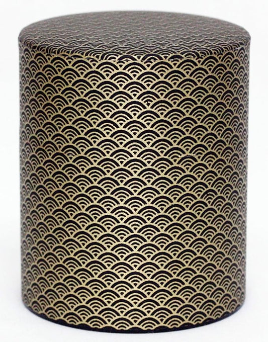 Washi Paper Tea Tin Canister: Wide 7oz (200g) Black waves with gold outlines (#91), Japan