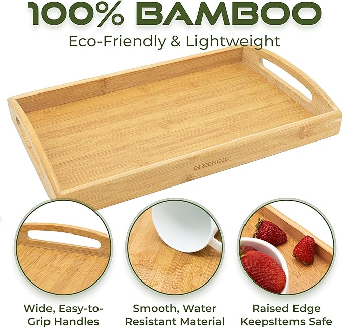 Greenco Rectangle Bamboo Butler Serving Tray with Handles - Bed Trays for Eating - Bed Tray - Breakfast Tray