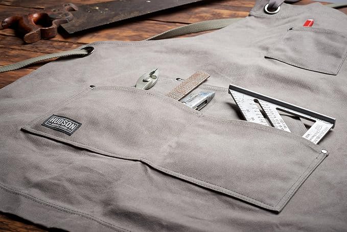 Hudson Durable Goods Heavy Duty Waxed Canvas Work Apron with Tool Pockets (Black), Cross-Back Straps & Adjustable M to XXL (Grey) - Image 7