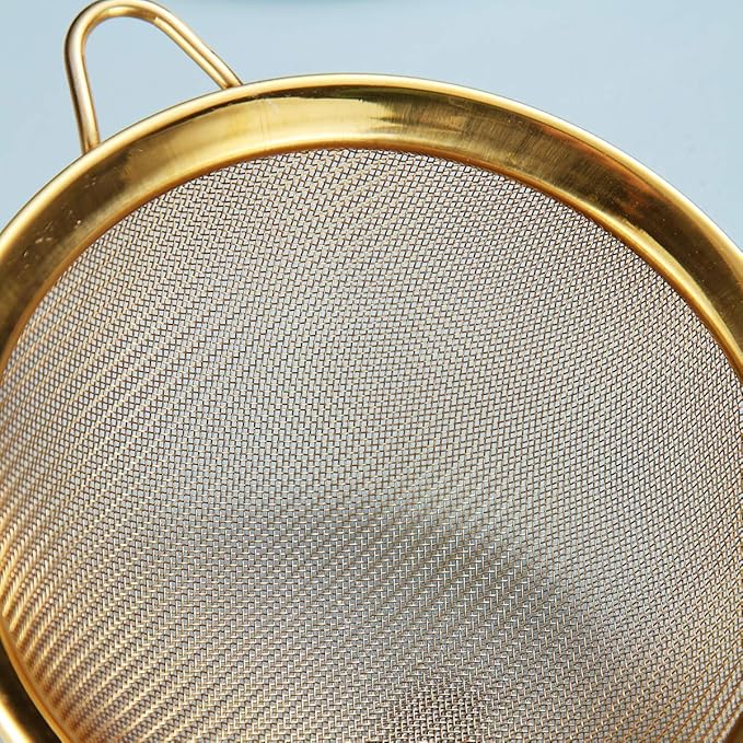 Kyraton Gold Fine Mesh Strainer 3 Pieces Set, Golden Flour Sifter For Baking, Stainless Steel Clander, Matcha Tea Strainer, Gravy Separator, Stasher Sieve Pasta Strainers
