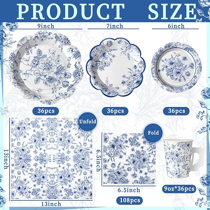 Pickmesh 252 Pcs Blue Floral Tea Party Supplies for 36 Guests Blue and White Porcelain Paper Disposable Dinnerware Floral Teacups with Handle and Saucers Set for Tea Party Decorations Birthday Wedding