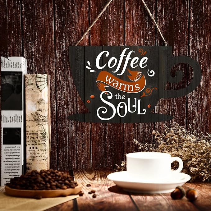 Jetec Coffee Bar Business Door Sign Wooden Wall Hanging Sign Rustic Farmhouse Cup Plaque Coffee Warms The Soul for Shop Store Window Restaurants Decoration 11.8 x 6.8 Inches