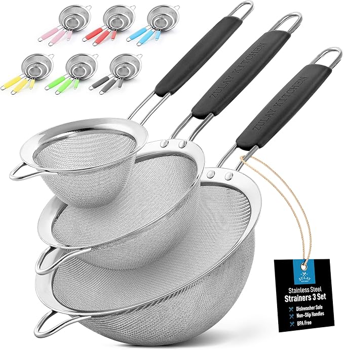 Zulay Kitchen Premium Stainless Steel Fine Mesh Strainer Set - Strainers For Kitchen (Set of 3) With Non-Slip Handles - Includes A Small, Medium & Large Fine Mesh Sieve Set - Durable Metal Strainer