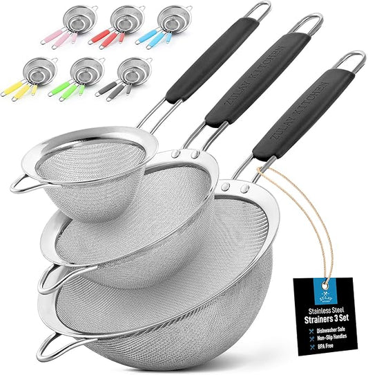 Zulay Kitchen Premium Stainless Steel Fine Mesh Strainer Set - Strainers For Kitchen (Set of 3) With Non-Slip Handles - Includes A Small, Medium & Large Fine Mesh Sieve Set - Durable Metal Strainer