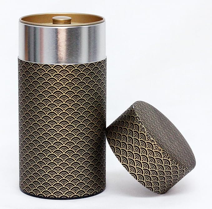 Washi Paper Tea Tin Canister: Long 7oz (200g) Black Waves with Gold Outlines (#91), Japan