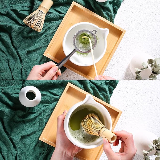 Ceremony Matcha Kit - Traditional Bamboo Matcha Whisk (Chasen) Scoop Chawan Bowl with Pouring Spout Whisk Holder Sifter Tray- The Perfect Matcha Set (Charming Black, Set of 7)