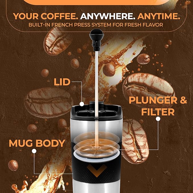 Travel French Press Coffee Maker 15oz Stainless Steel Double-Walled Vacuum Insulated Coffee Mug with Leak-Proof Locking Lid, Keeps Coffee Hot 4 Hrs Portable for Camping, Office, Car, Gifting