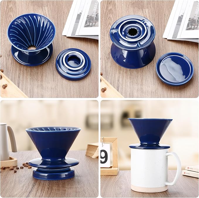Pour Over Coffee Maker, Ceramic Coffee dripper with 100 pcs Paper Filter, Ceramic coffee Server with Lid, 15.5oz/450 ml, Suitable for 1-2 people (Blue)