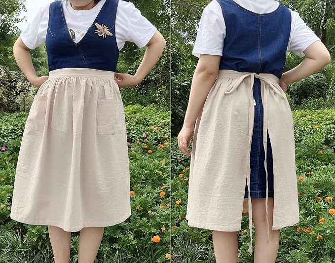 Unisex Chef Aprons White Retro Cotton Maid Short 2 Pockets Waist Waiter Waitress Half Apron - Image 3