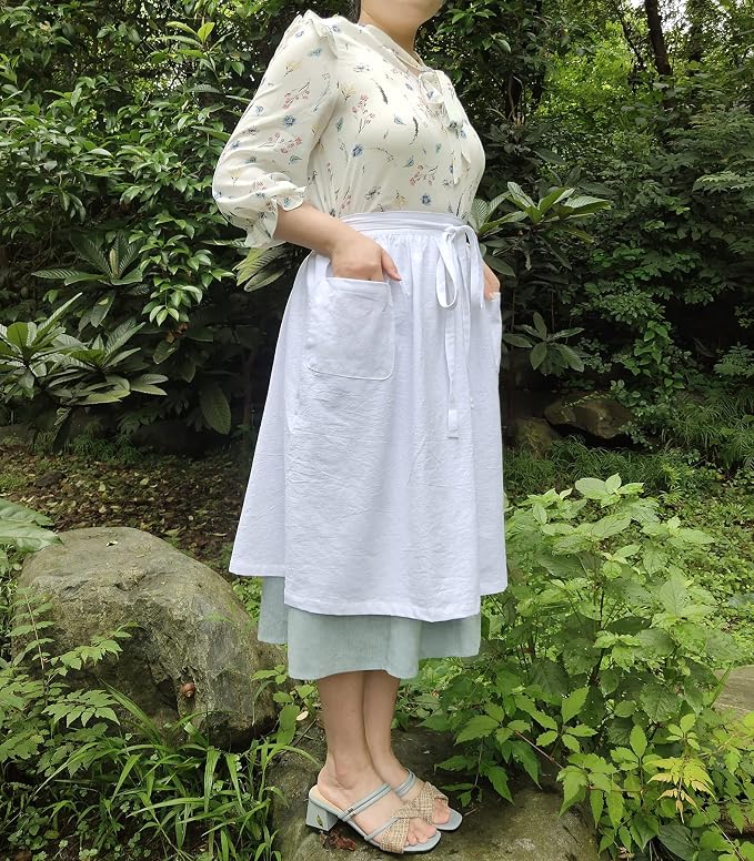 Unisex Chef Aprons White Retro Cotton Maid Short 2 Pockets Waist Waiter Waitress Half Apron - Image 9