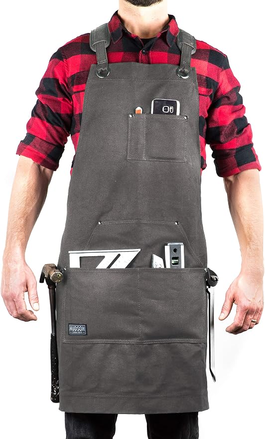 Hudson Durable Goods Deluxe Edition Waxed Canvas Tool Apron for Men and Women, Heavy Duty Work Apron with Pockets for Tools, Adjustable Crossback Straps - Grey by HudsonDurableGoods
