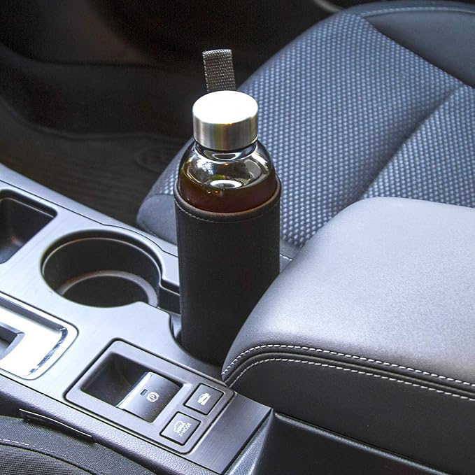 Primula Cold Brew Travel Bottle with Black Insulating Neoprene Sleeve - Borosilicate Glass and Stainless Steel Mesh Core - Dishwasher Safe - 19 Oz. - Clear