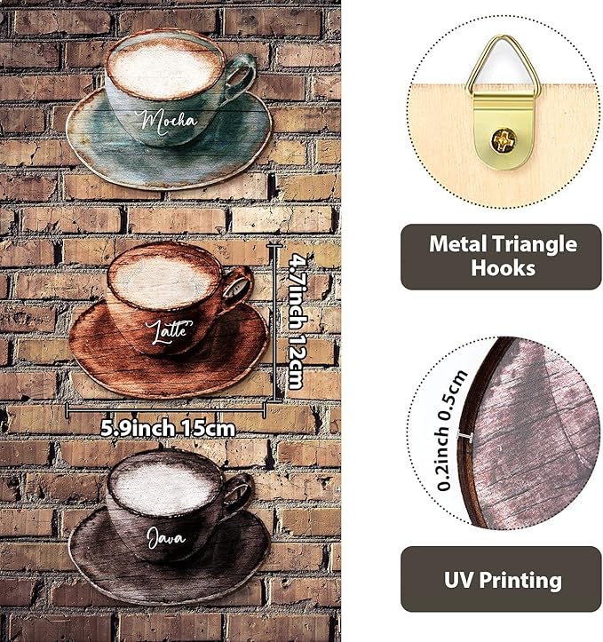 Blulu 3 Pcs Coffee Wooden Wall Art Decor with Metal Hook Coffee Cup Wooden Wall Sign Retro Latte Mocha Sign Farmhouse Decoration for Kitchen Dessert Shop Home Door
