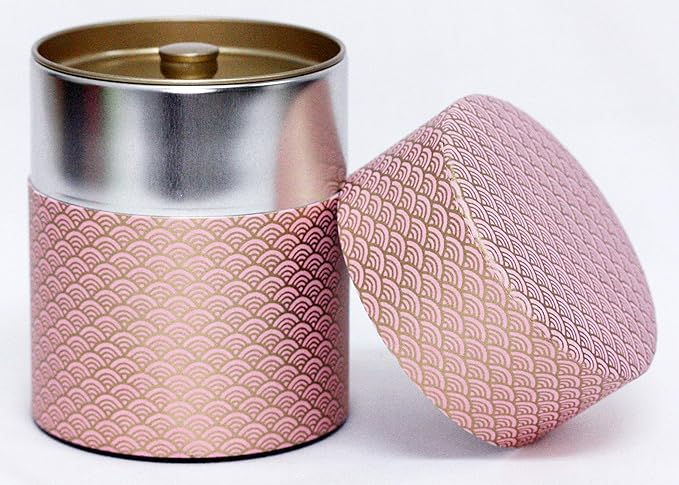 Washi Paper Tea Tin Canister: Wide 7oz (200g) Baby pink waves with gold outlines (#90), Japan