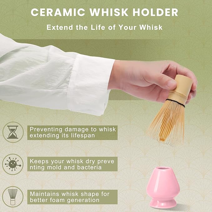 Pink Ceramic Matcha Set, 6 Pcs - Bowl, Whisk (Chasen), Holder, Sifter, Bamboo Scoop & Spoon