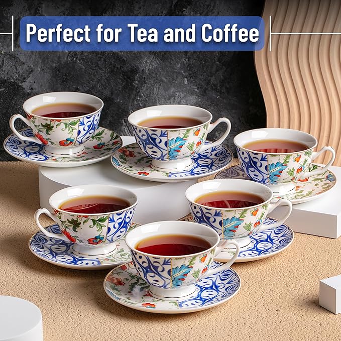 BTaT- Vintage Tea Cups and Saucers Set of 6 (8 oz), Porcelain Tea Cup Sets, Indigo Bloom Floral Design, Dishwasher Safe