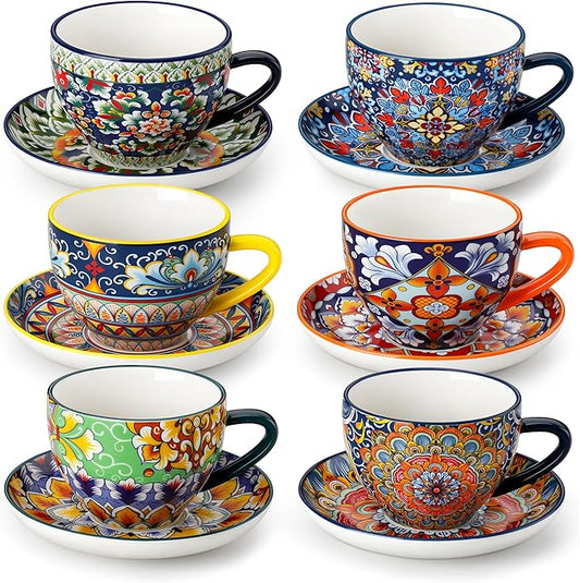 vancasso 8 oz Cappuccino Cups with Saucers Set of 6, Bohemian Ceramic Coffee Cup for Latte, Tea, Espresso, Microwave & Dishwasher Safe - Porcelain Latte Mugs for Kitchen or Cafe