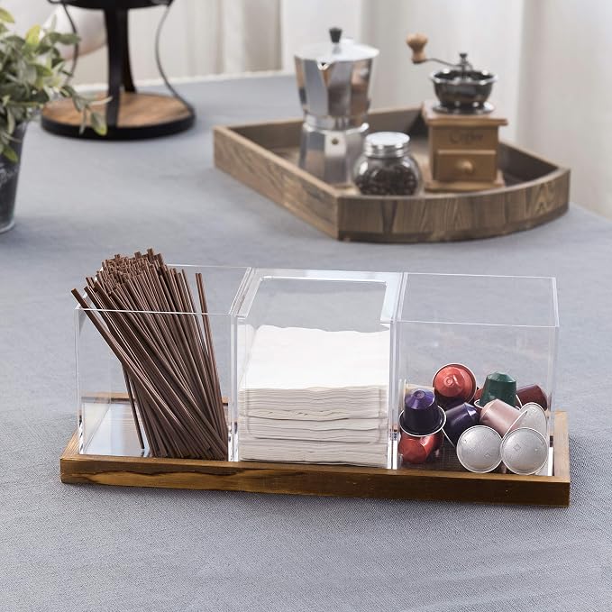 MyGift Modern Modular Coffee and Tea Station Organizer with 3 Removable Premium Clear Acrylic Compartments and Rustic Burnt Solid Wood Decorative Tray, 4 Piece Set - Image 2