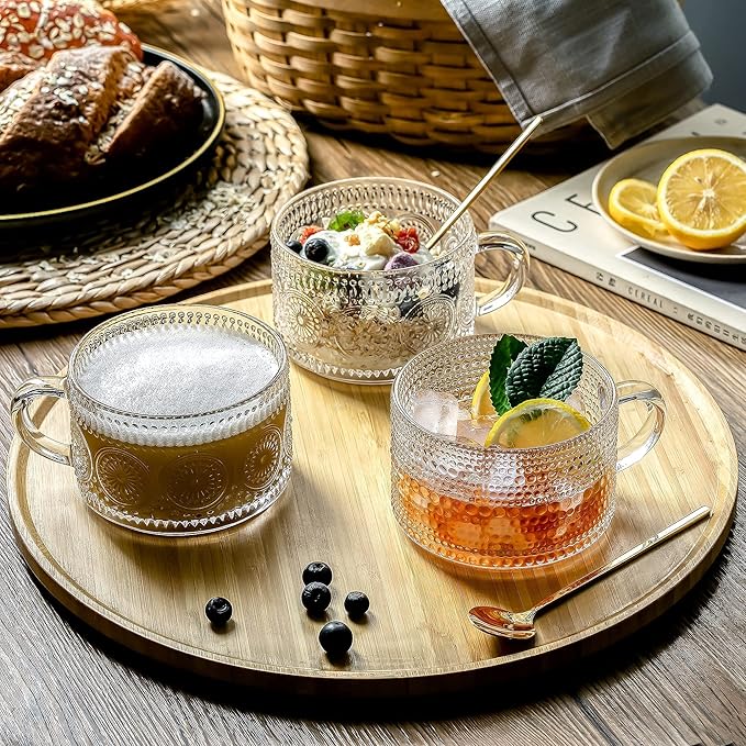 Gezzeny Vintage Glass Coffee Mugs 14 Oz Set of 2 Clear Embossed Tea Cups, Glass Coffee Cups for Cappuccino, Latte, Cereal, Yogurt, Beverage Christmas Thanksgiving Gifts