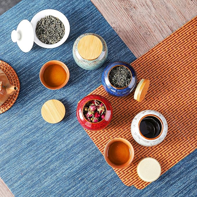 6oz Flambe Glaze Ceramic Loose Tea Canister Vintage Storage Jars with Airtight Wooden Lid Green Matcha Tin Container for Coffee Beans Condiments