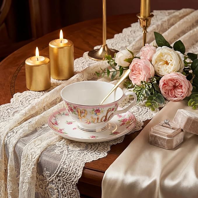 Rtteri Bride Teacup and Saucer Set 7oz Bridal Shower Teacup Porcelain Ceramic Tea Cups for Bridal Shower Tea Party Wedding Decor Victorian Elegant Coffee(Pink,Floral)