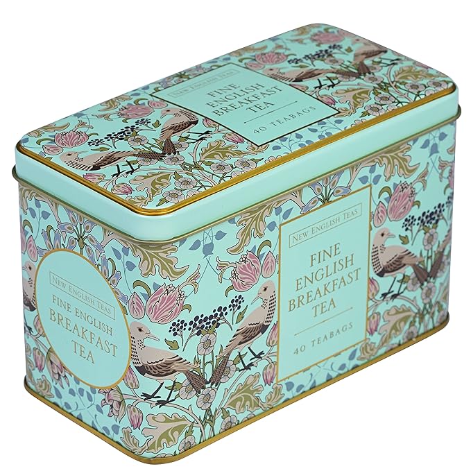 New English Teas Song Thrush and Berries Tea Tin in Green with 40 English Breakfast Teabags