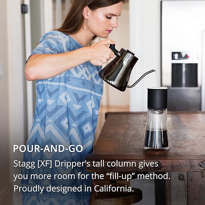 Fellow Stagg [XF] Pour-Over Coffee Maker Set – Stainless Steel Dripper, 20 oz Double Wall Glass Carafe & 30 Paper Filters, Built-in Ratio Aid, No Plastic Brewing, Matte Black