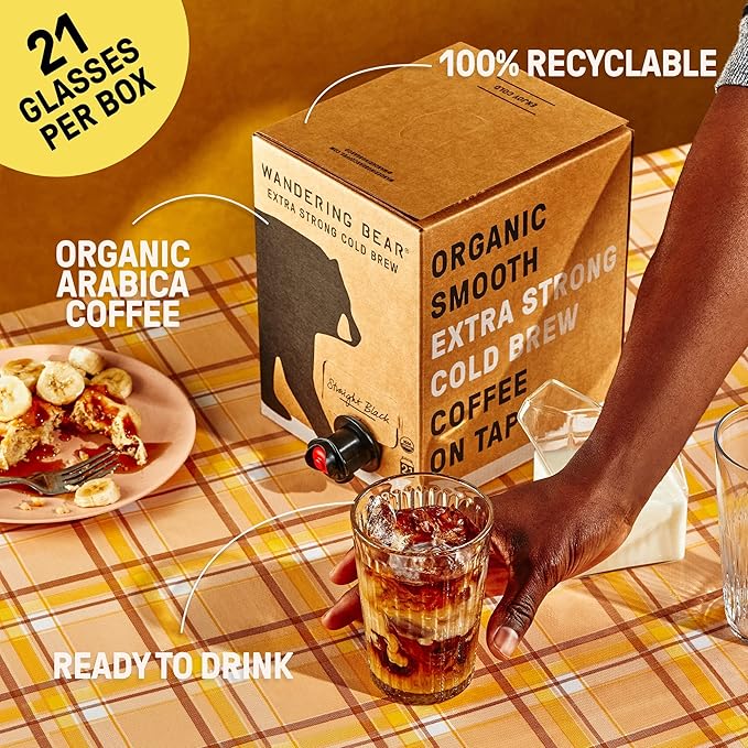 Wandering Bear Straight Black Organic Cold Brew Coffee On Tap, Iced Coffee Drink - Extra Strong, Bold, Smooth, No Sugar Added, Shelf-Stable, Ready to Drink & Vegan, 100% Organic - 128 fl oz (1 gallon)