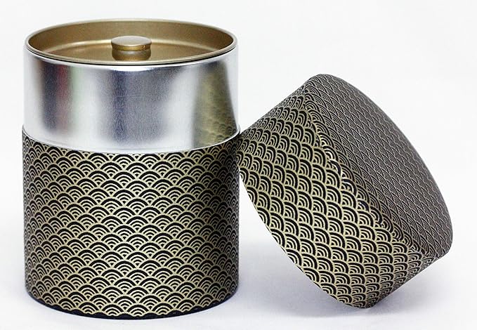 Washi Paper Tea Tin Canister: Wide 7oz (200g) Black waves with gold outlines (#91), Japan