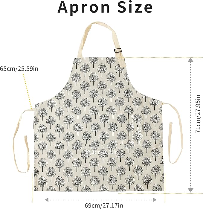 Tosewever 2 Pieces Cotton Linen Waterproof Bib Apron with 2 Pockets - Long Ties Adjustable Neck Strap - Unisex Cooking Kitchen Decorative Pattern Aprons for Women Chef (Triangle/Tree, 2) - Image 7