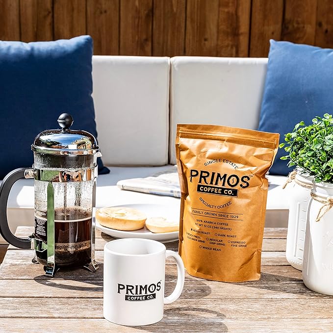 French Press Specialty Coffee, Coarse Ground, Primos Coffee Co (2 Bags - 1 Medium and 1 Dark Roast)