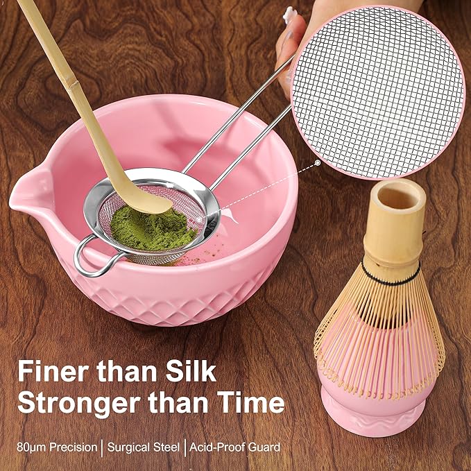 Doasuwish Matcha Whisk Set, 7 Pcs Ceramic Kit, Includes Matcha Bowl with Spout, Matcha Whisk and Holder, Bamboo Scoop, Scoop Rest, Sifter and Tea Towel (Cherry Blossom Pink)